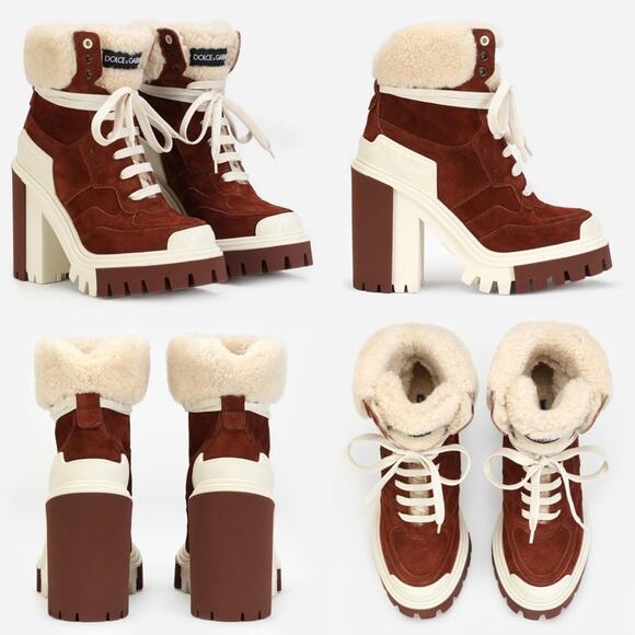 New Dolce & Gabbana Trekking Shearling Biker Ankle Boots in Burnt Brown/Neutral - Picture 1 of 12